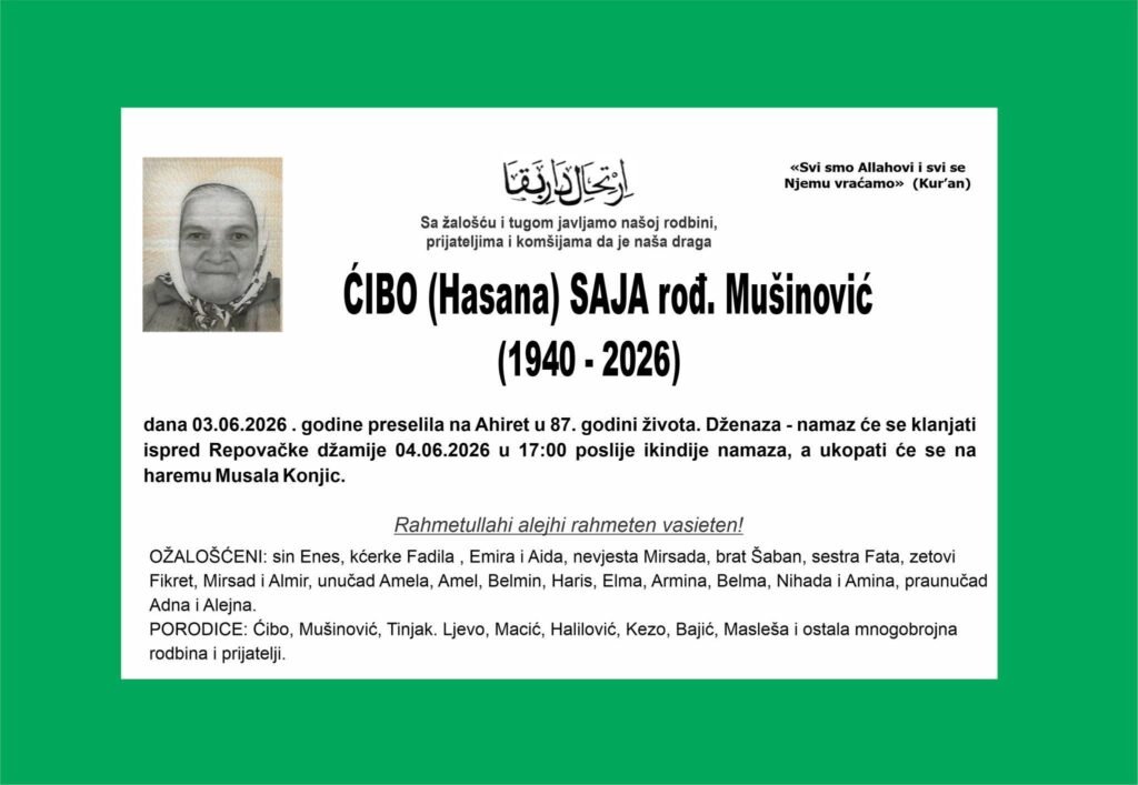 Smrtovnica: Ćibo (Hasana) Saja rođ. Mušinović