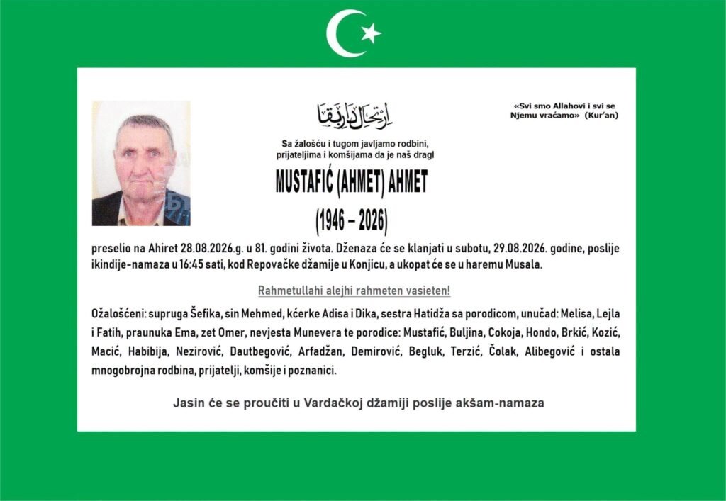 Smrtovnica: MUSTAFIĆ (AHMET) AHMET