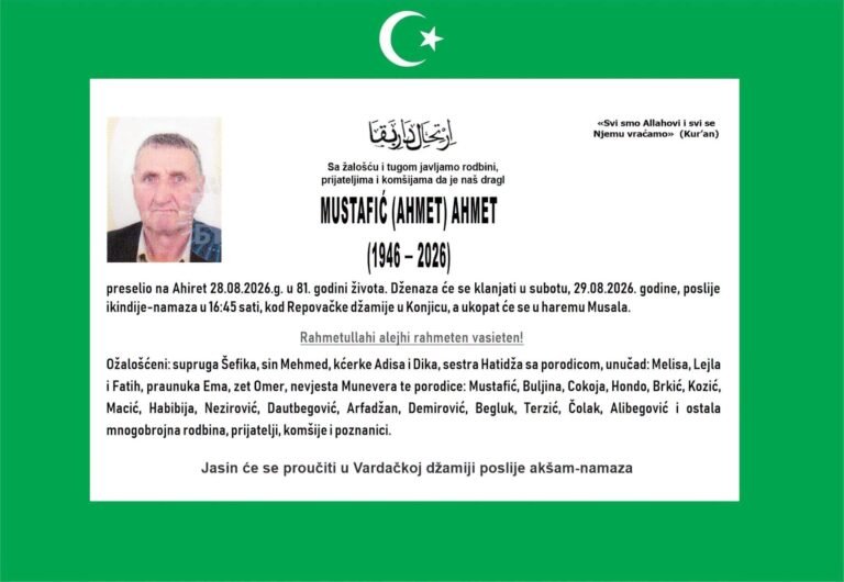 Smrtovnica: MUSTAFIĆ (AHMET) AHMET