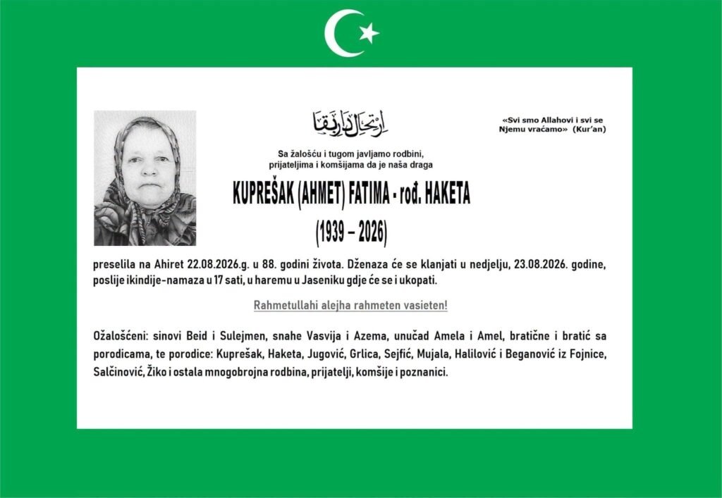 Smrtovnica: Kuprešak (Ahmet) Fatima rođ. Haketa