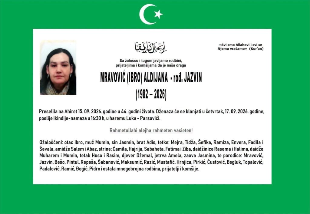 Smrtovnica: Mravović (Ibro) Aldijana rođ. Jazvin