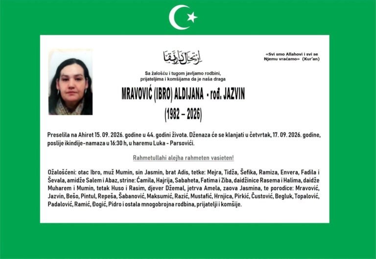 Smrtovnica: Mravović (Ibro) Aldijana rođ. Jazvin