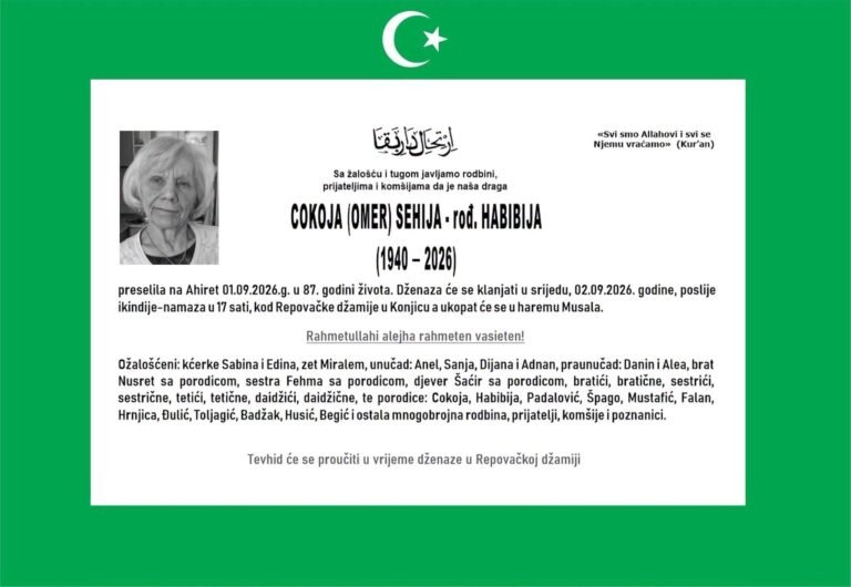 Smrtovnica: Cokoja (Omer) Sehija rođ. Habibija