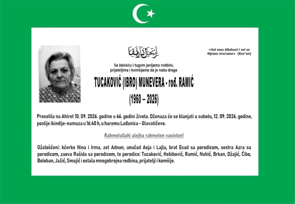 Smrtovnica: Tucaković (Ibro) Munevera rođ. Ramić