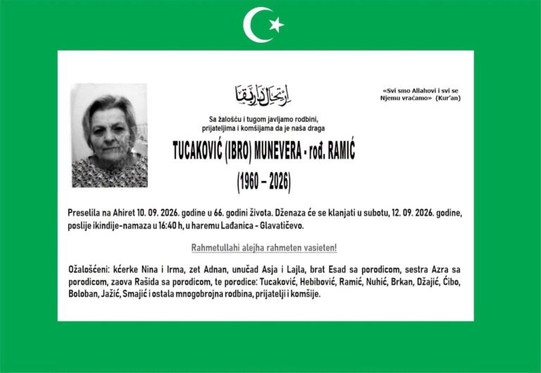 Smrtovnica: Tucaković (Ibro) Munevera rođ. Ramić
