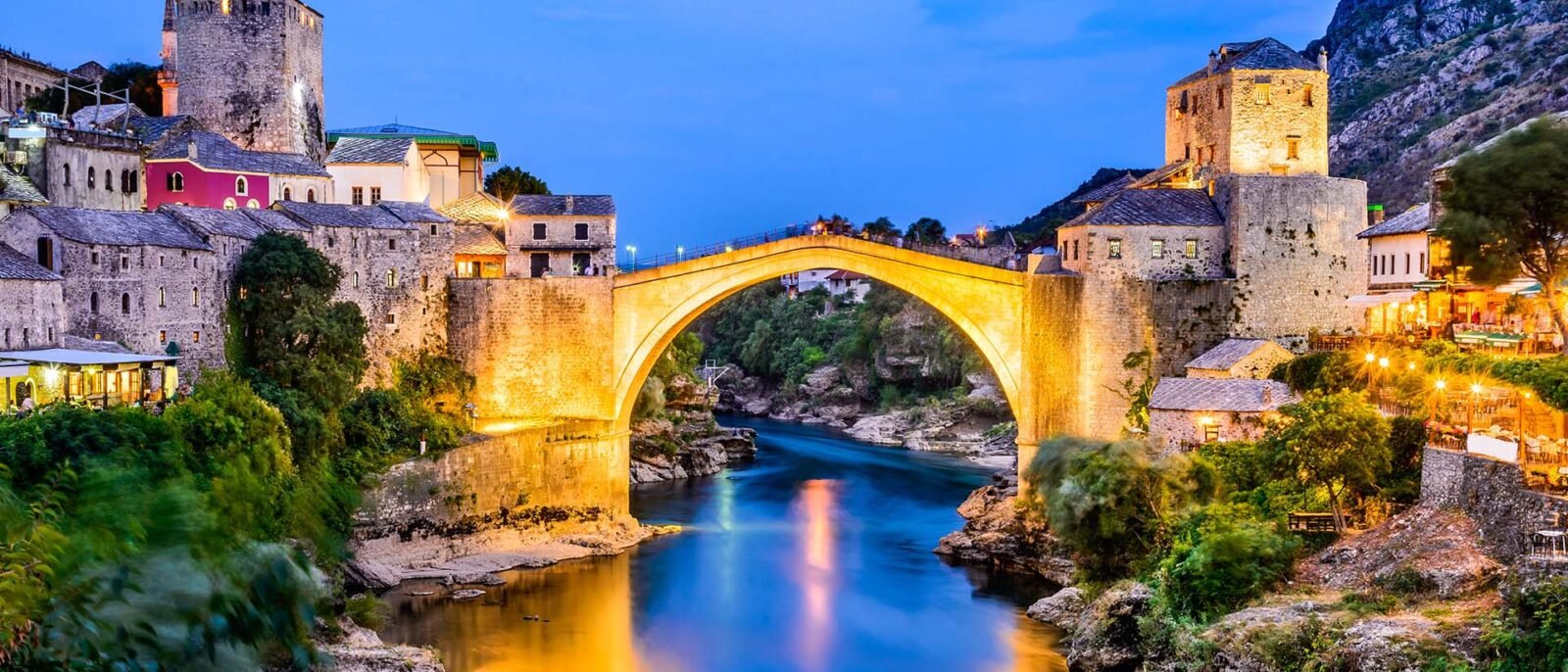 Mostar, Bosnia and Herzegovina. The Old Bridge, Stari Most, with emerald river Neretva.